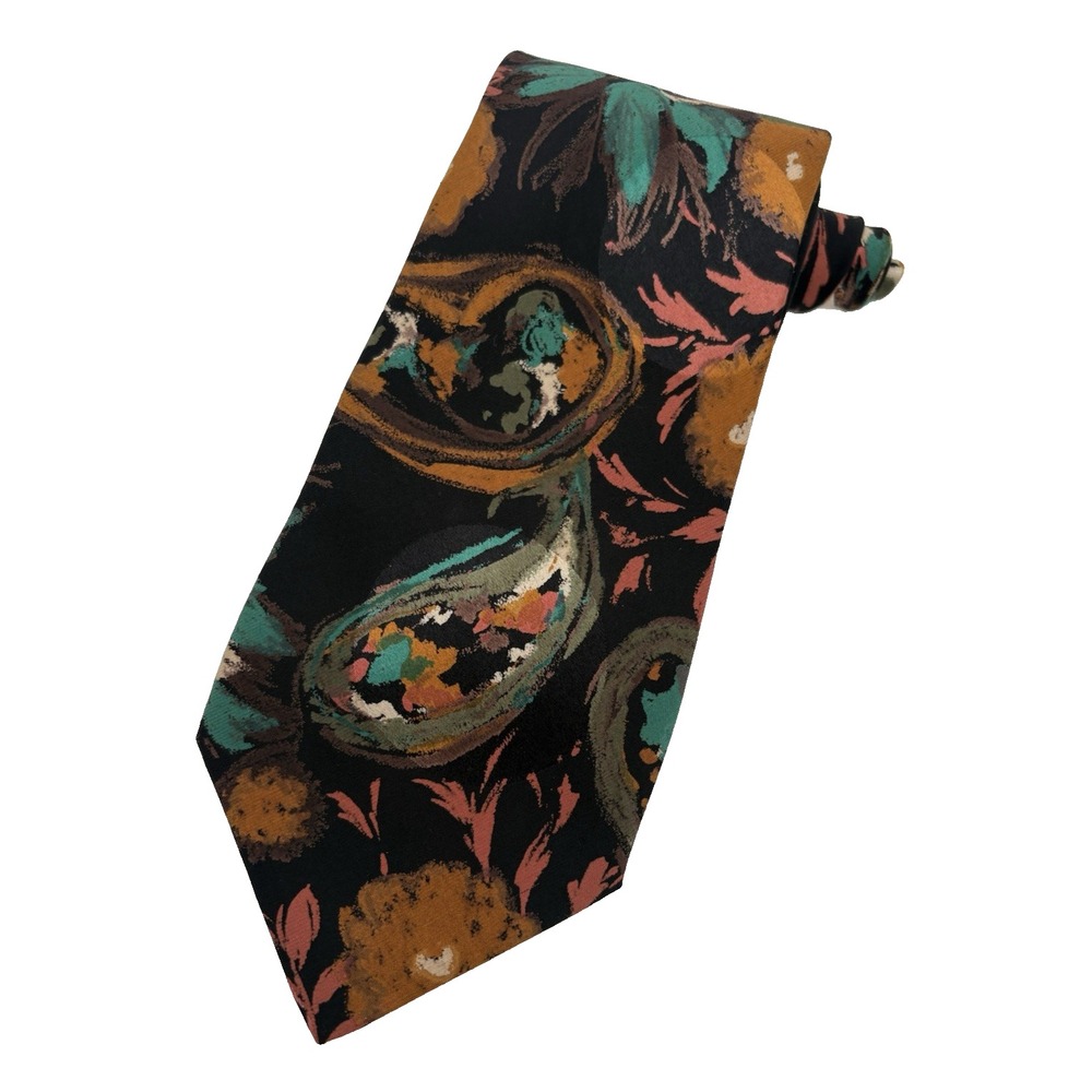 BRIONI Vintage Tie Men's 100% Silk Floral Vibrant Red Black Brown Print Italy